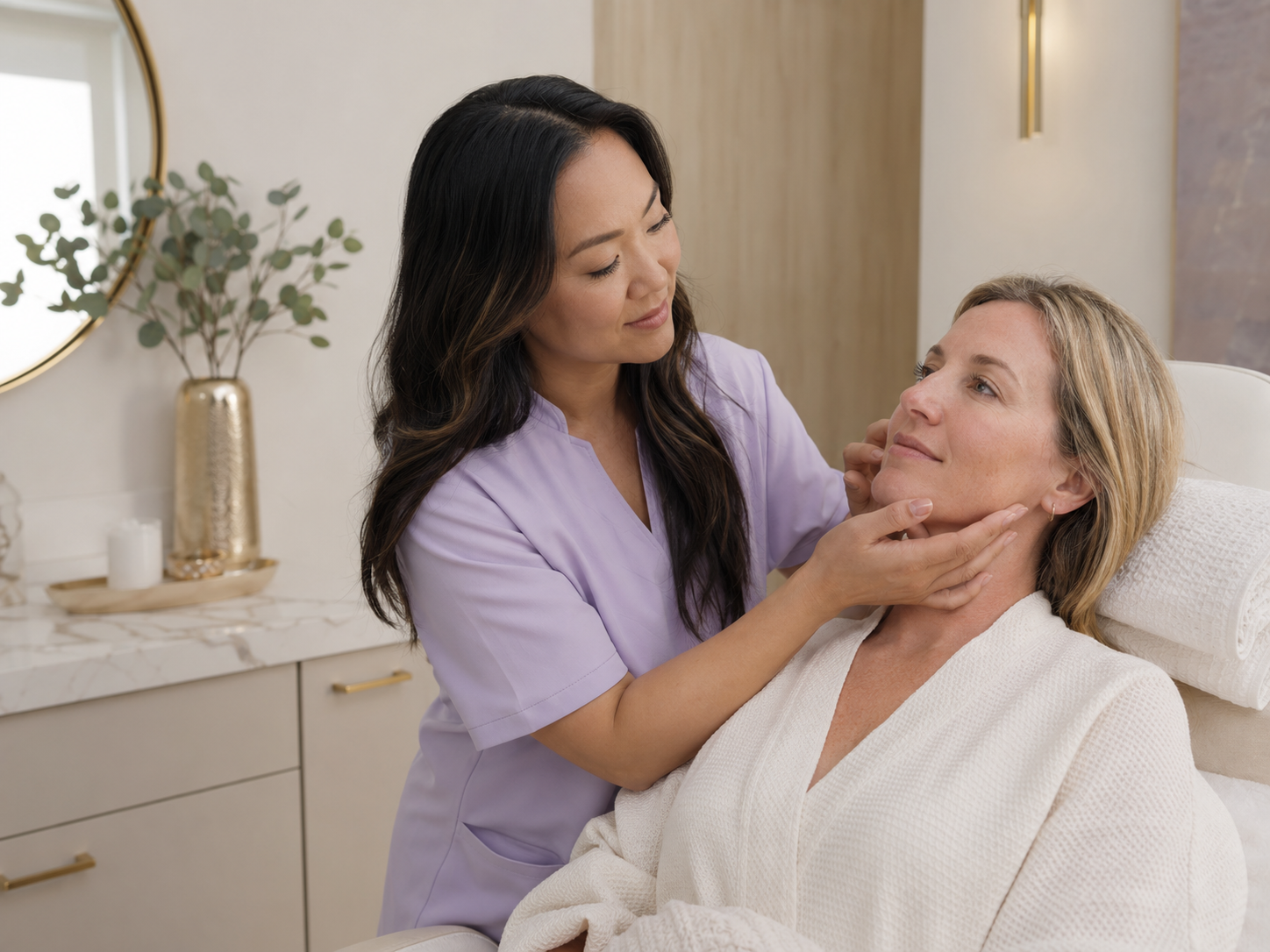 White client receiving personalized skin care in a calm NUYU-inspired treatment room
