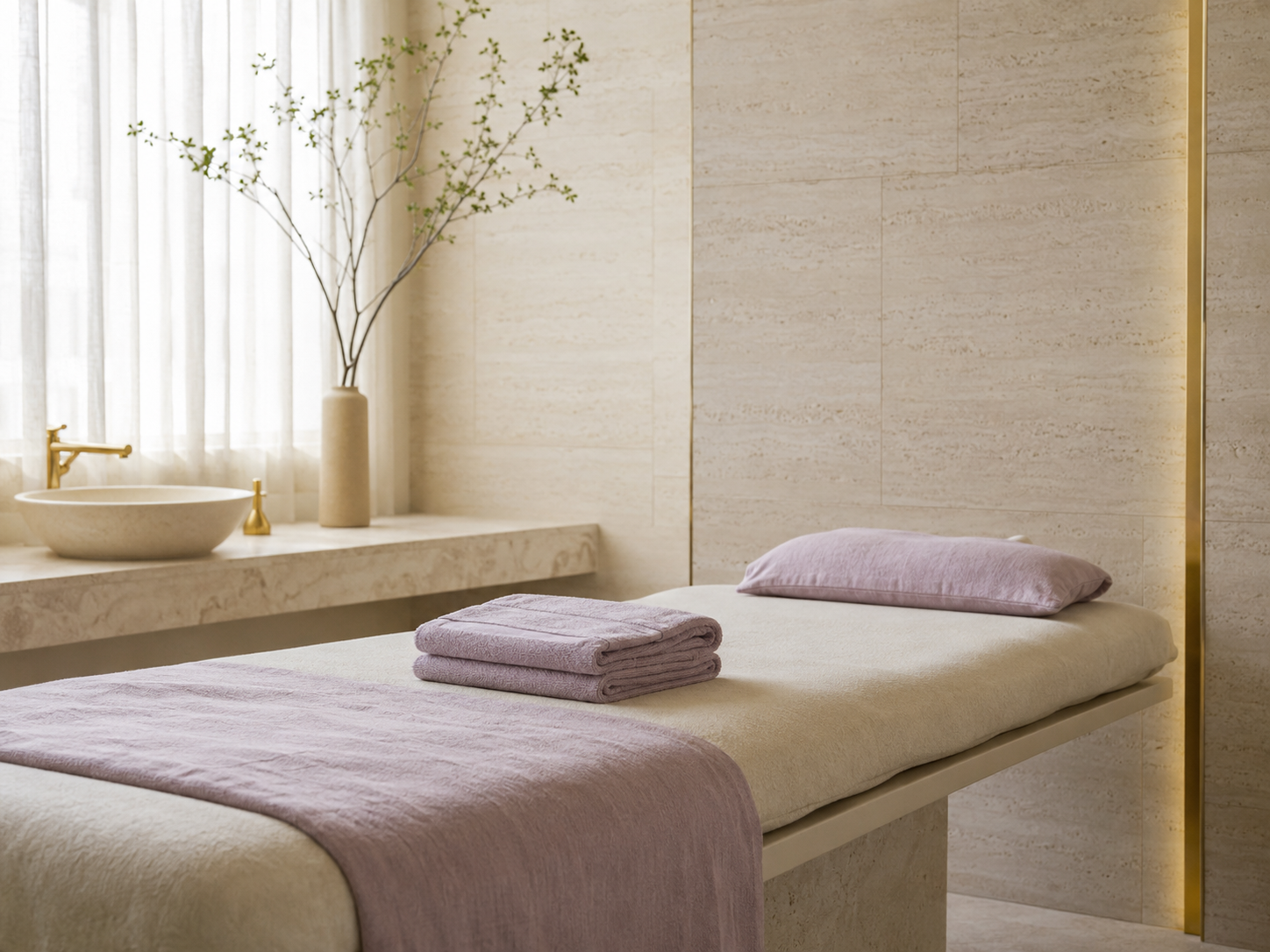 Calm NUYU-inspired treatment room in cream, lilac and gold